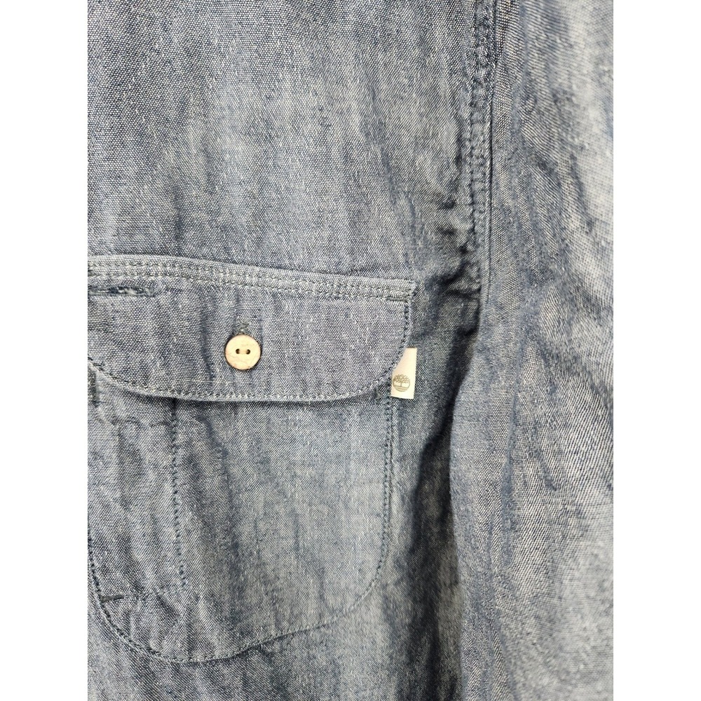 Timberland Mens Blue Chambray Long Sleeve Button Down Shirt Two Pocket Size L - Picture 3 of 14
